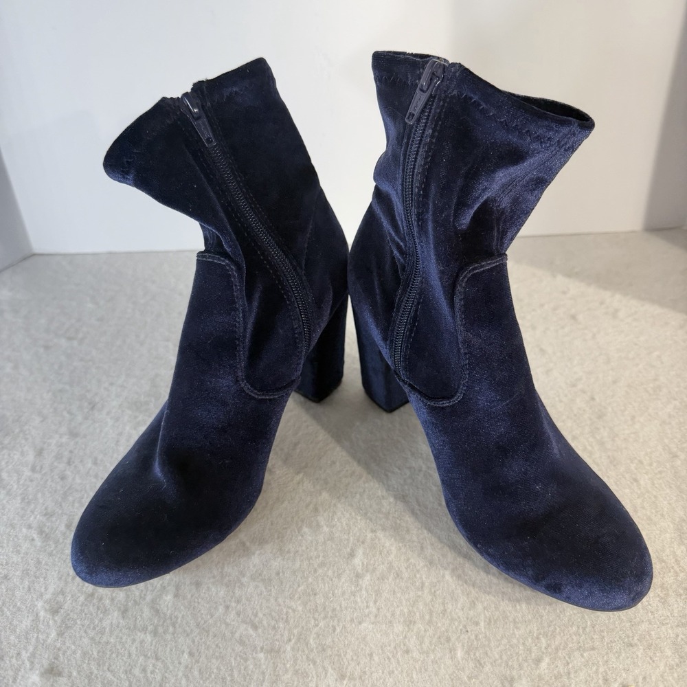 Women's Navy Blue Velvet Ankle Boots Chunky Heel Zip Booties Size 6